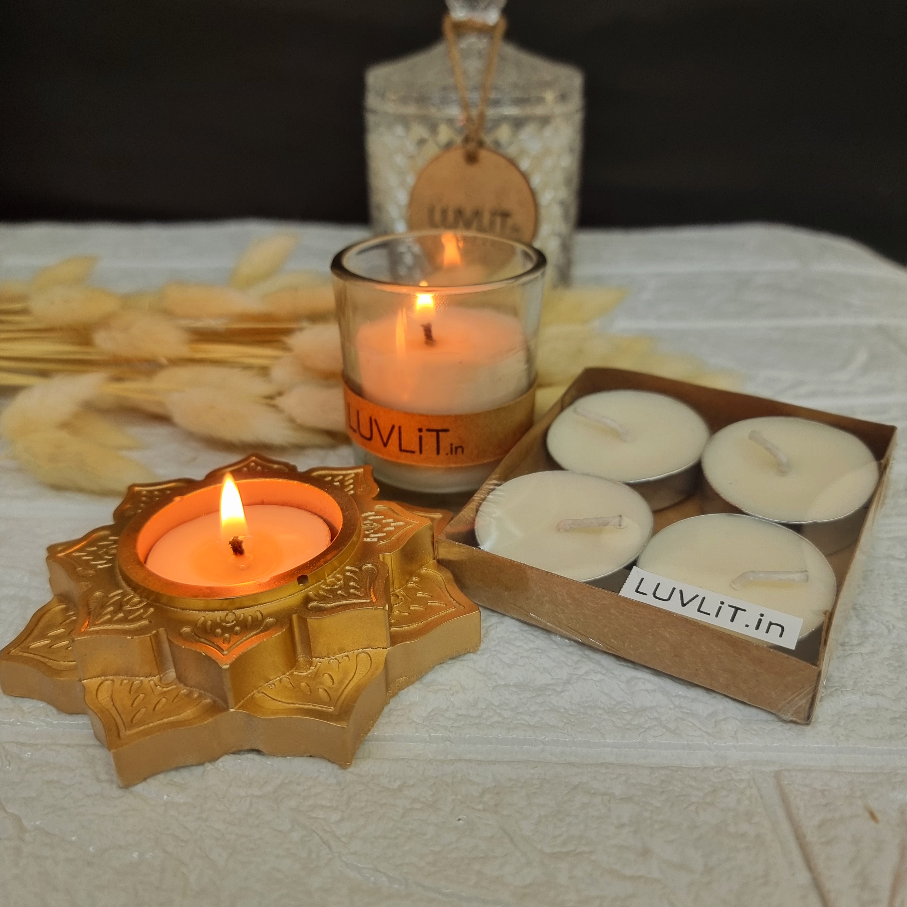 LUVLiT's Diwali Glow Collection : Mandala Holder, 5 Scented Tealights & Scented Shot Glass Candle