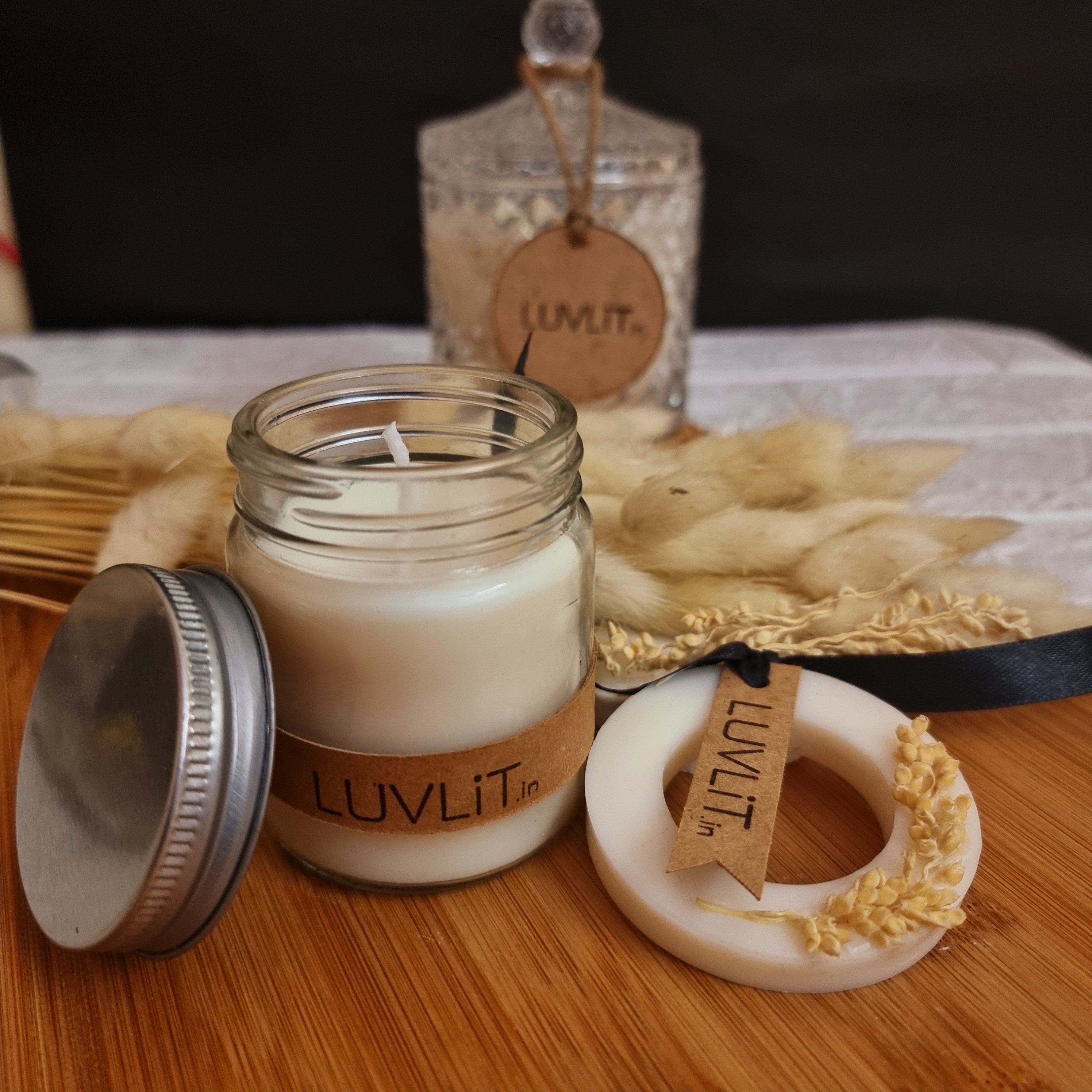 LUVLiT's Mystic Aura Set : Scented Clear Jar Candle, Fragrant Ring Wax Tablet