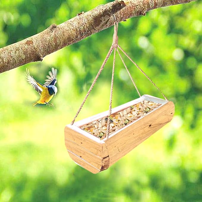 LIVEONCE Wall Mounted Bamboo Feeder Hanging Balcony Feeder for Birds, Sparrow, Squirrel - (Pack of 1)