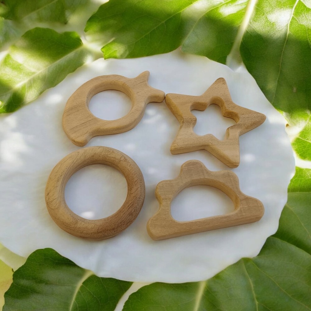Gum Strengthening Neem Wooden  Baby Teethers - Star, Cloud, Ring & Mango Shapes