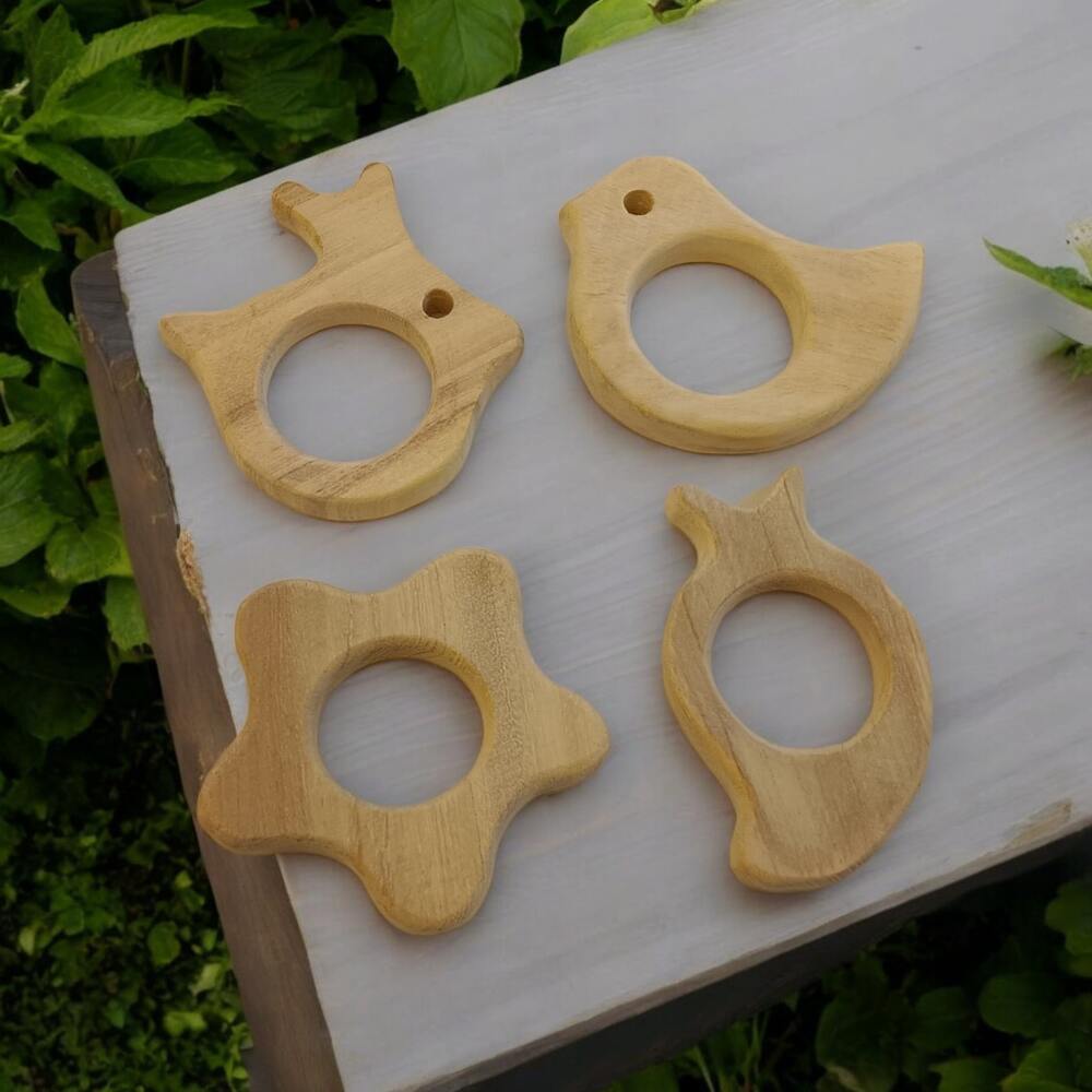 Pack of 4  Neem Wooden Teethers- Rabbit, Flower, Dove & Mango Shapes