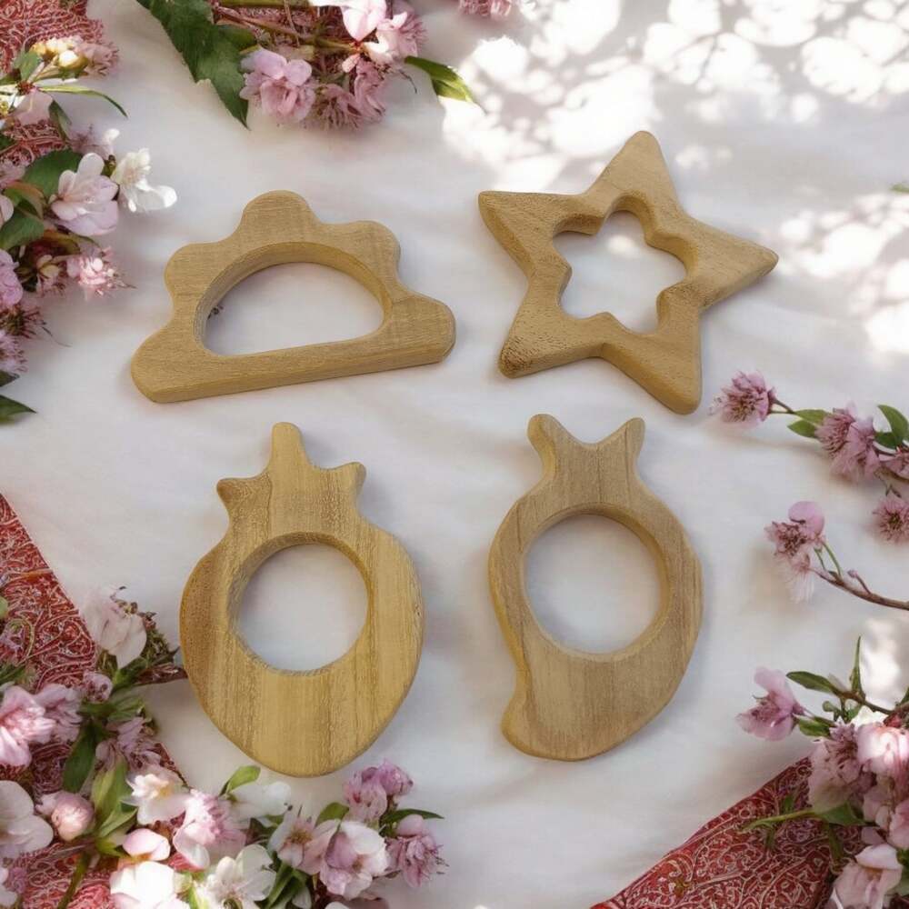 Pack of 4 Neem Wooden Teethers For Babies Of Age 0 To 3 Years Star, Cloud, Strawberry & Mango