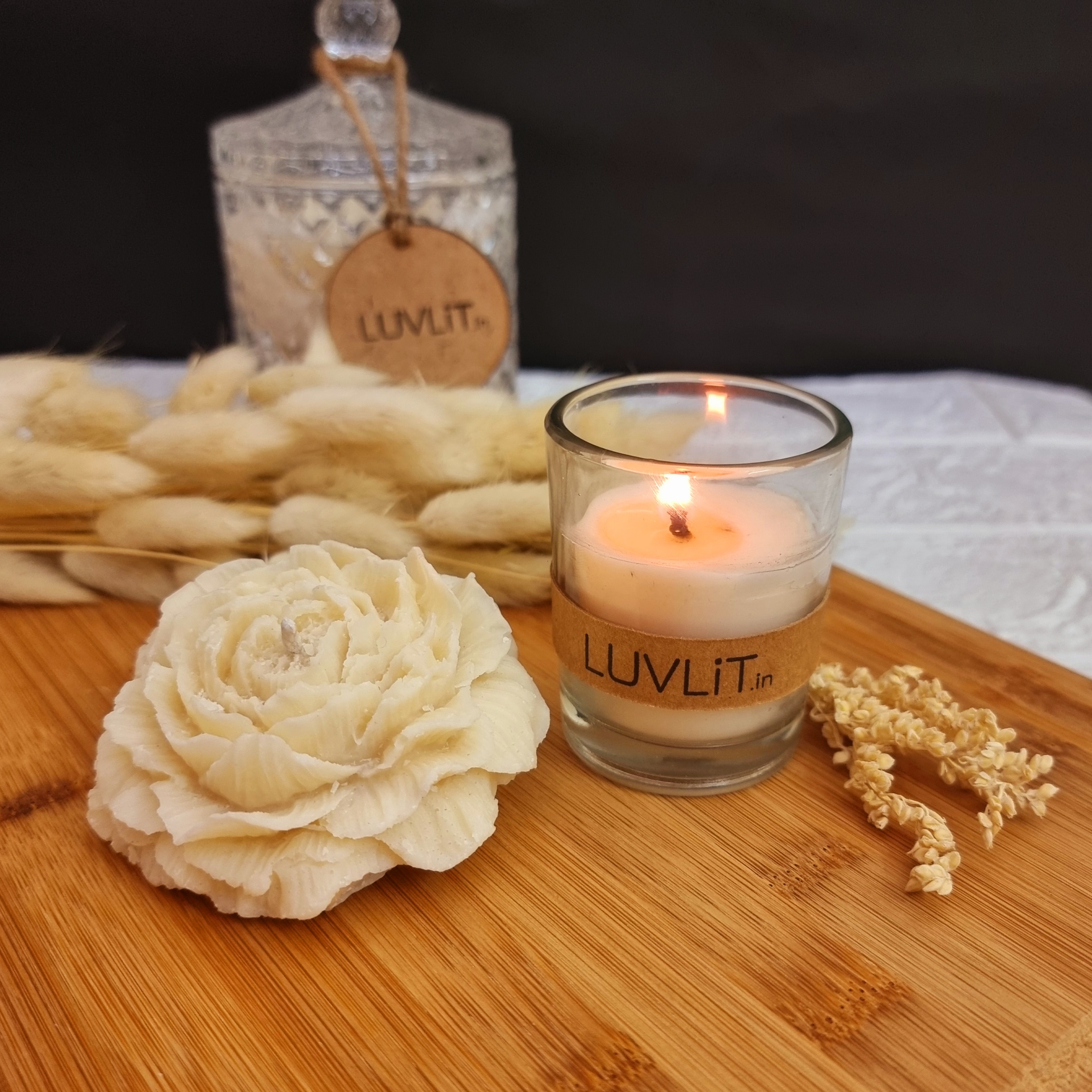 LUVLiT's Peony & Spirit Duo : Scented Peony Candle, Scented Shot Glass Candle