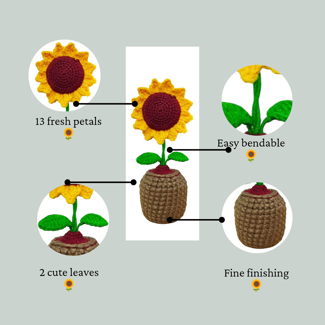 CarrotBeans Handmade Crochet Flowers Completed Hand Woven Sunflowers Daisy Knitted Potted Plants Knitted Flower for Car Dash Decoration, Table Decoration, Home Decoration Pack-1