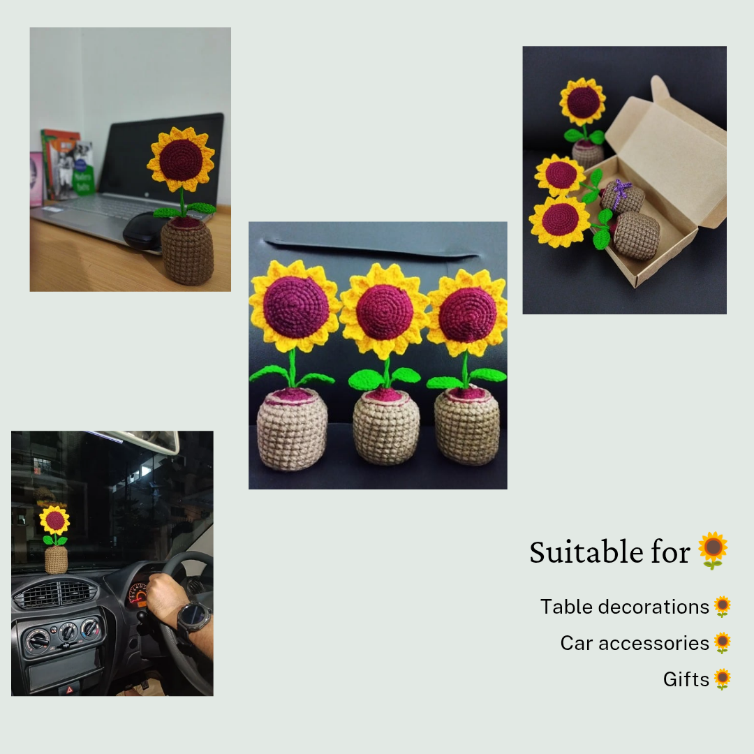 CarrotBeans Handmade Crochet Flowers Completed Hand Woven Sunflowers Daisy Knitted Potted Plants Knitted Flower for Car Dash Decoration, Table Decoration, Home Decoration Pack-1